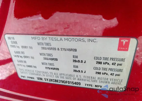 2016 Tesla Model X 60D/70D/75D/90D/P100D from USA, damaged, VIN 5YJXCBE29GF015409